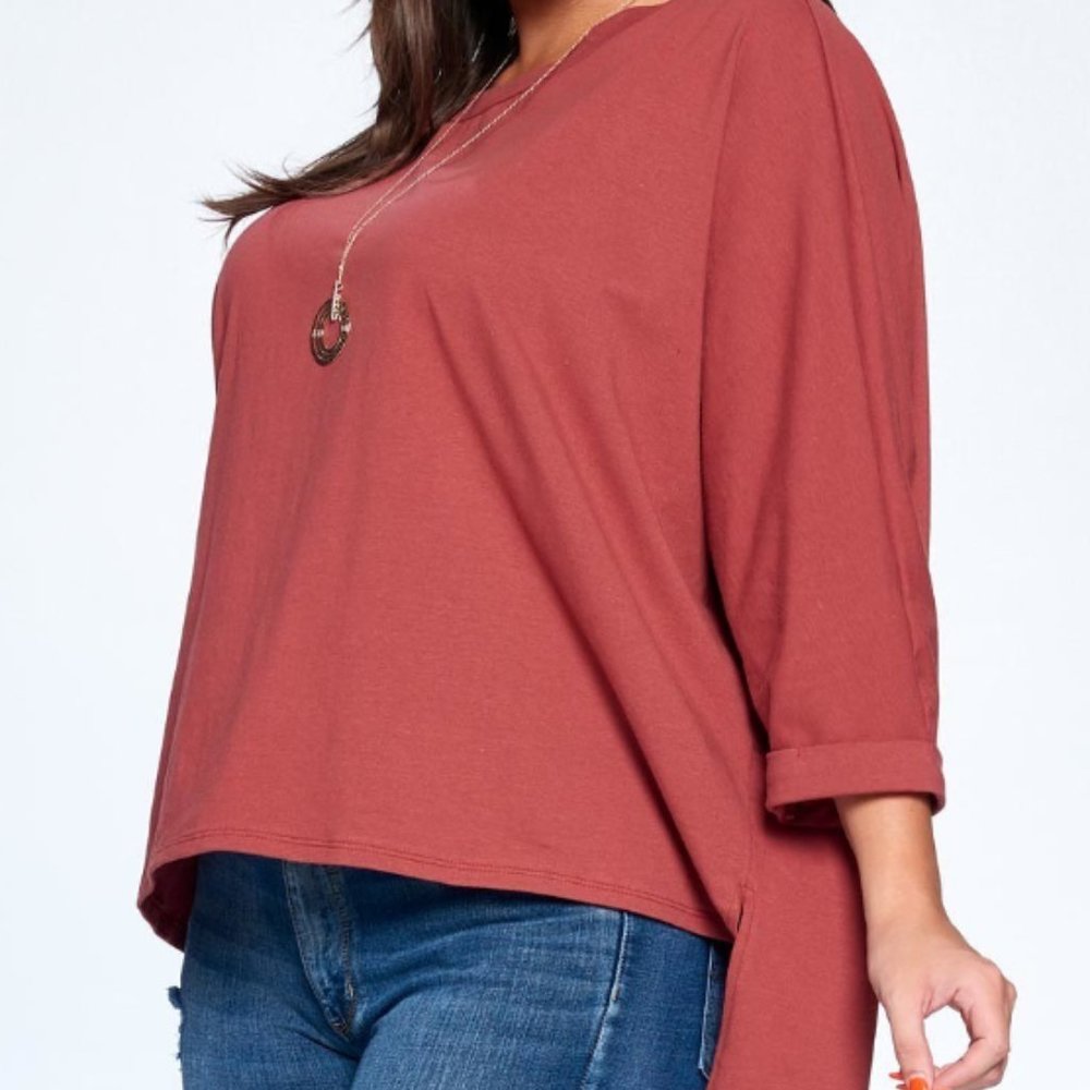 Plus Size Solid Cotton Boxy Oversize Dolman Casual Top with Cuffed Sleeves